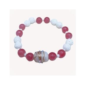 Pink Jade Beaded Bracelet Handmade Wedding Cake Lampwork White Lava Diffuser NEW